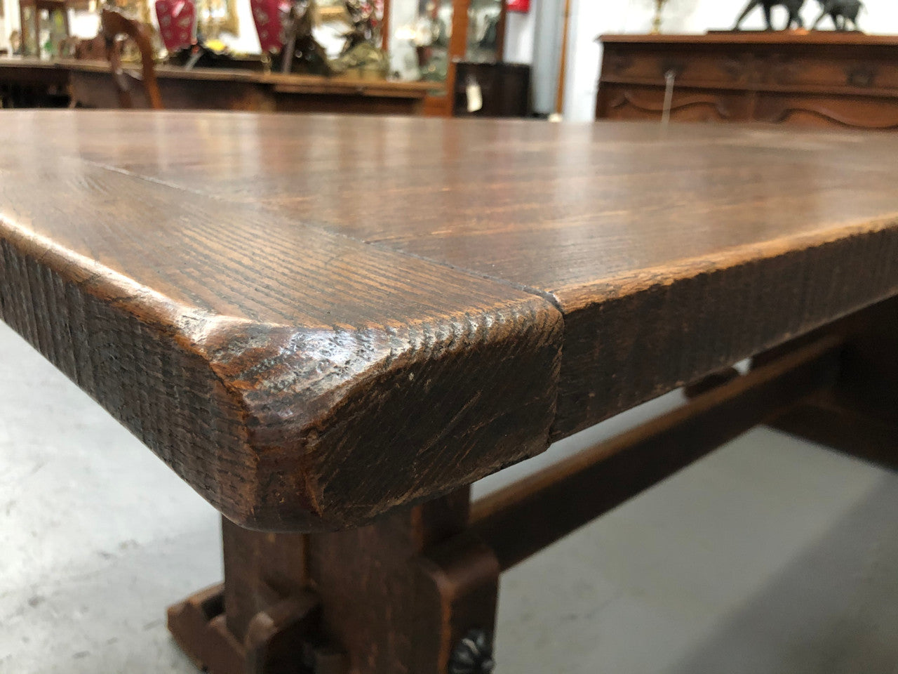 French Oak stretcher base Farmhouse dining table. In good original detailed condition.