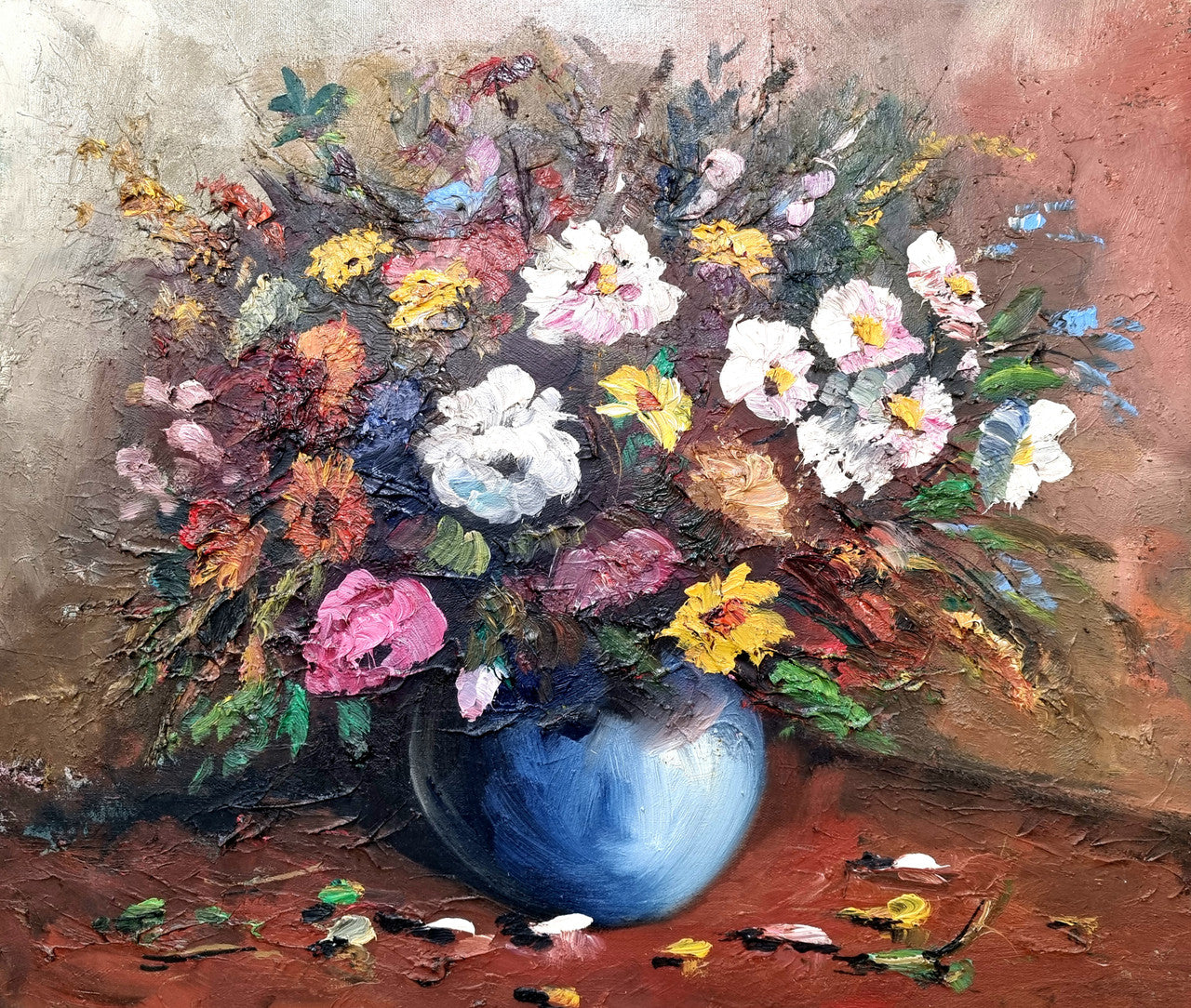 A beautiful sourced in France Floral oil on canvas in an ornate decorative frame. In good original detailed condition.