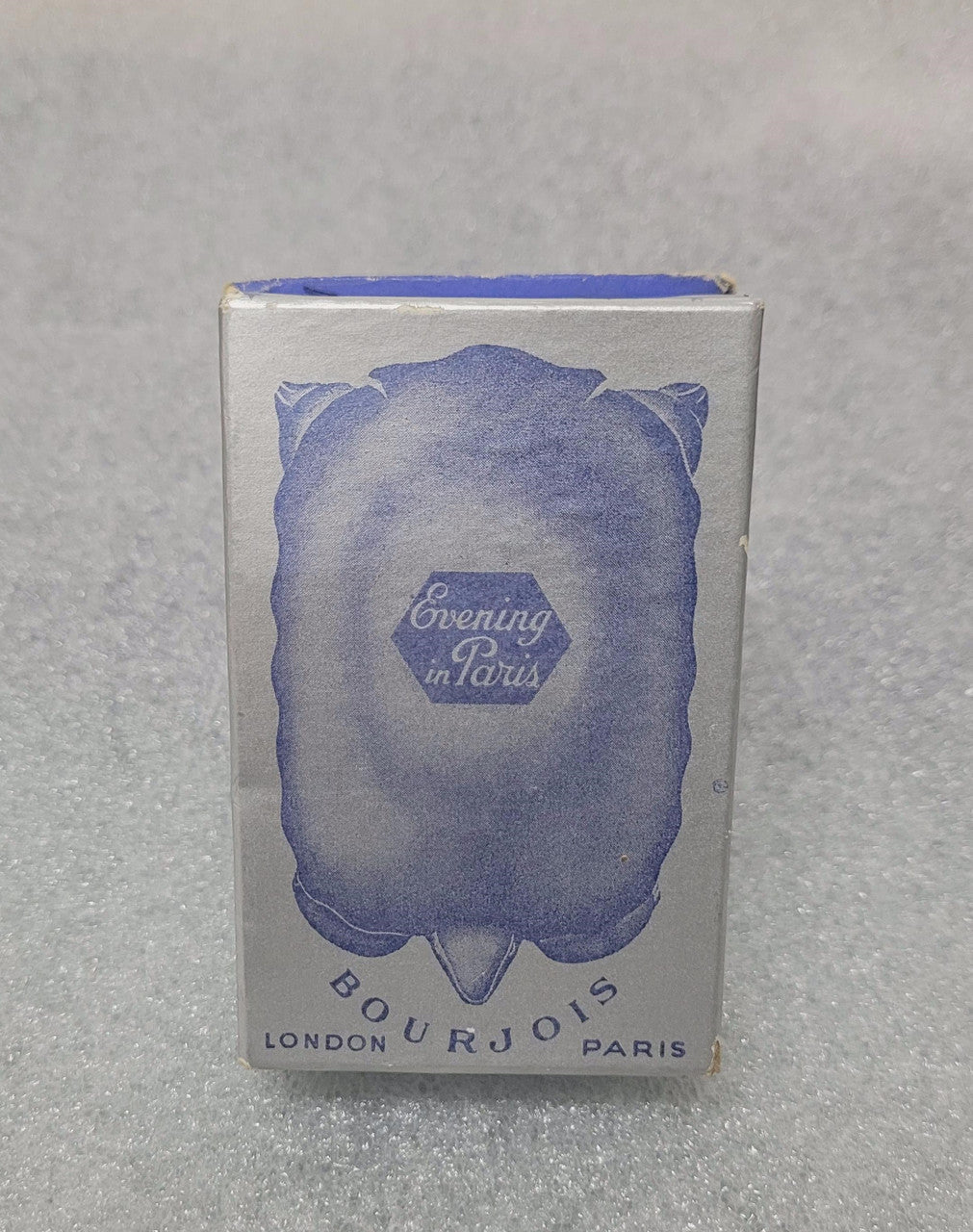 Stunning blue turtle Bakelite case with original perfume bottle, evening in Paris "Bourjois". In original box, in great original condition.