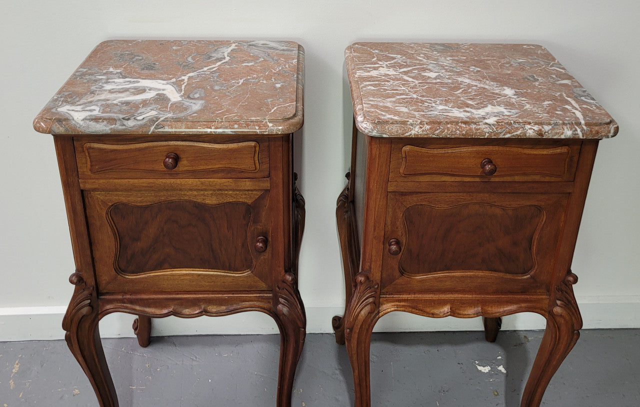 French Louis XV Style Walnut Marble Top Bedside Cabinets. In good original detailed condition.