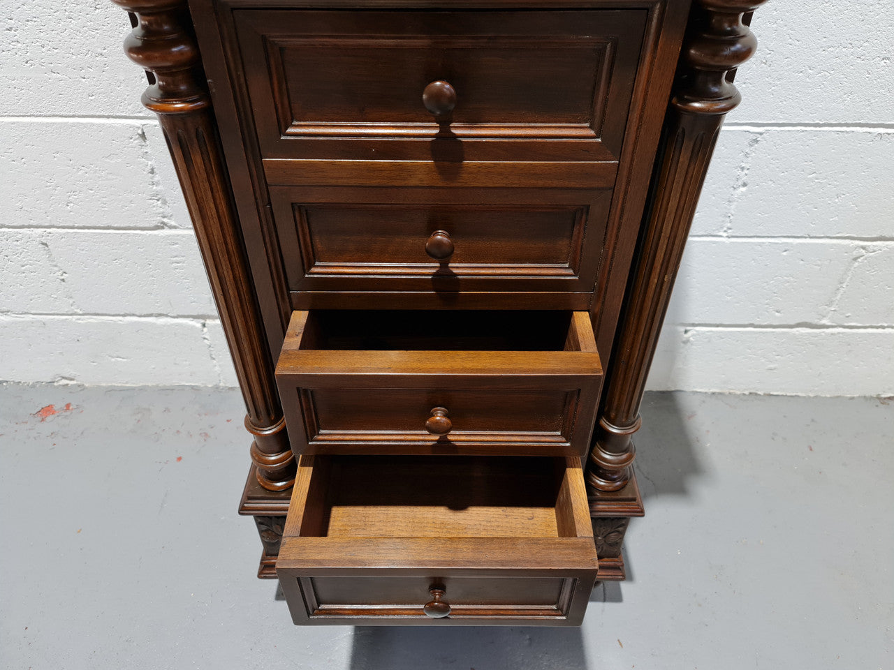 French Walnut Henry 2nd style three drawer one cupboard single side cabinet with rouge marble top. Circa: 1890. In Good original detailed condition.