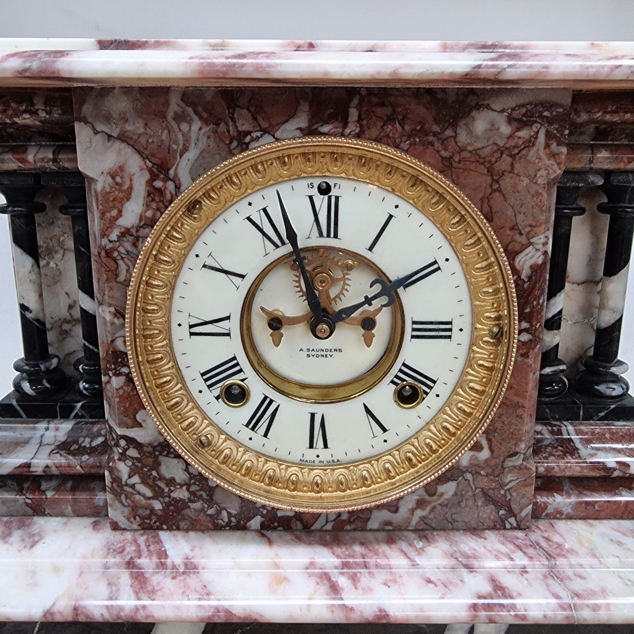 Fabulous Late Victorian Ansonia marble mantle clock, with an exposed escapement. Its movement has been overhauled and in lovely condition.