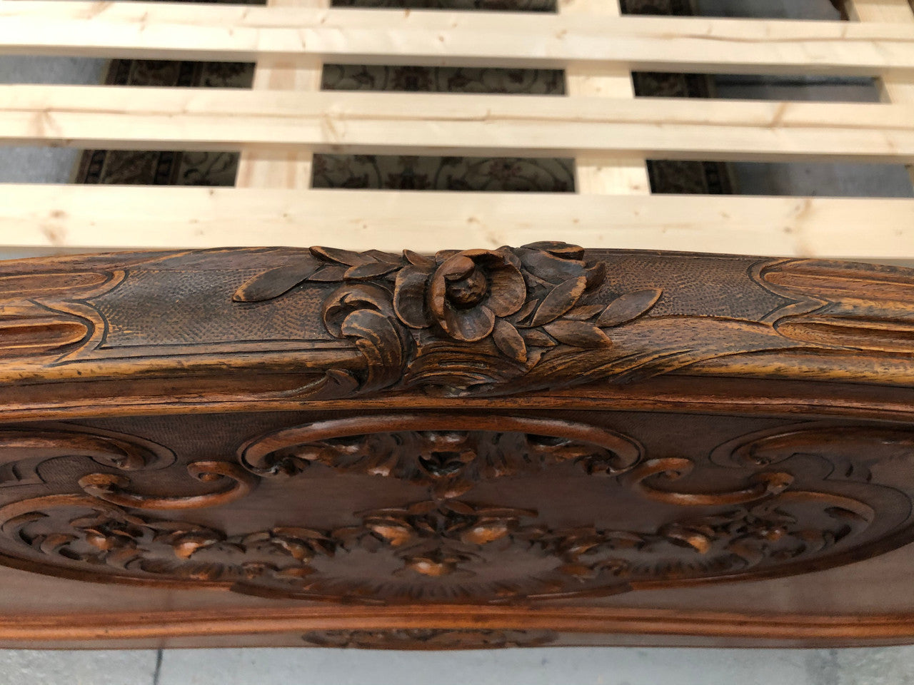 French Walnut Louis XV style queen size bed. Comes with custom made slats, all you need to is place you mattress on top.