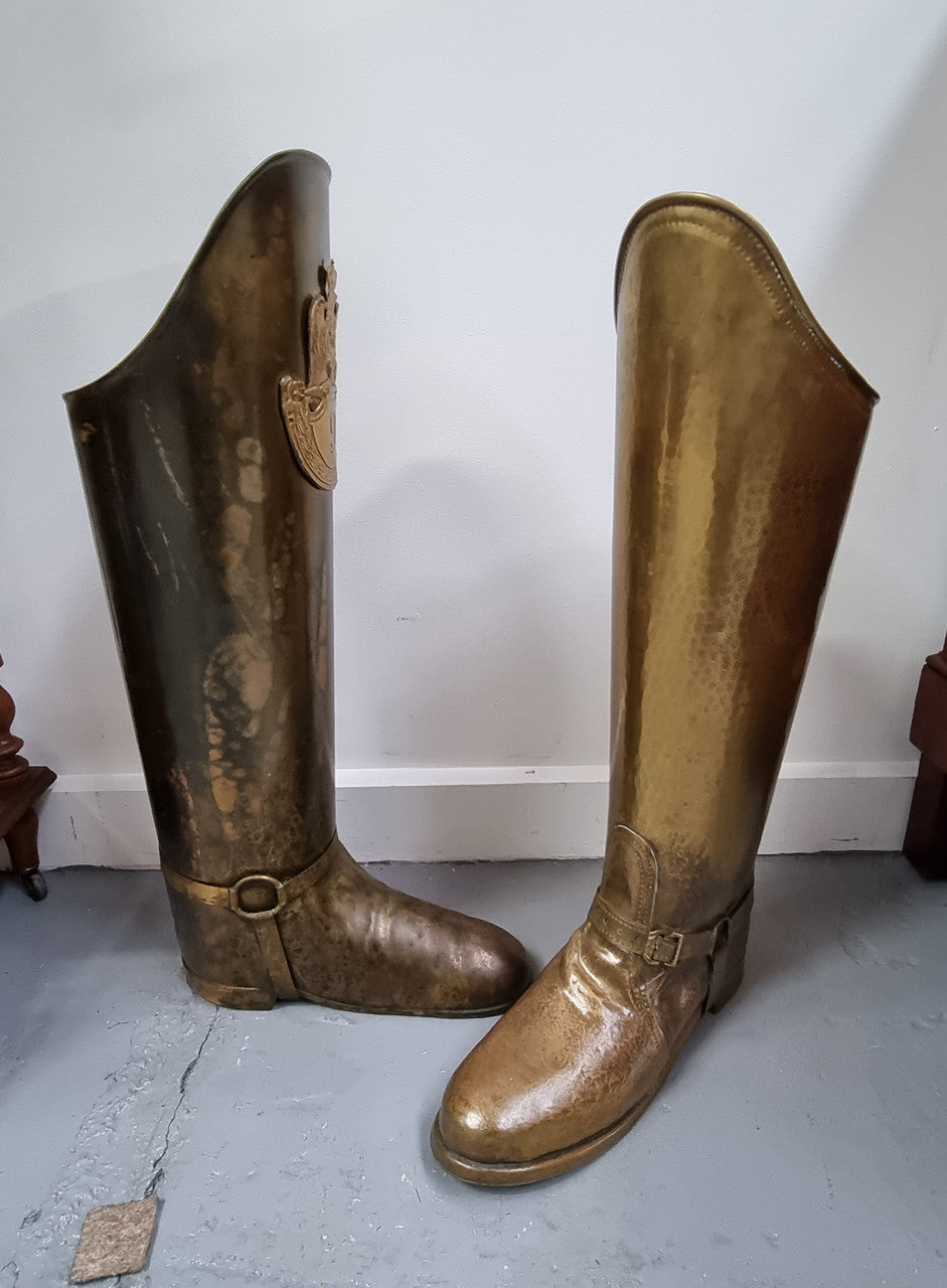 Fabulous French brass decorative boot for storing your umbrellas for walking sticks in good condition. makers stamp underneath .