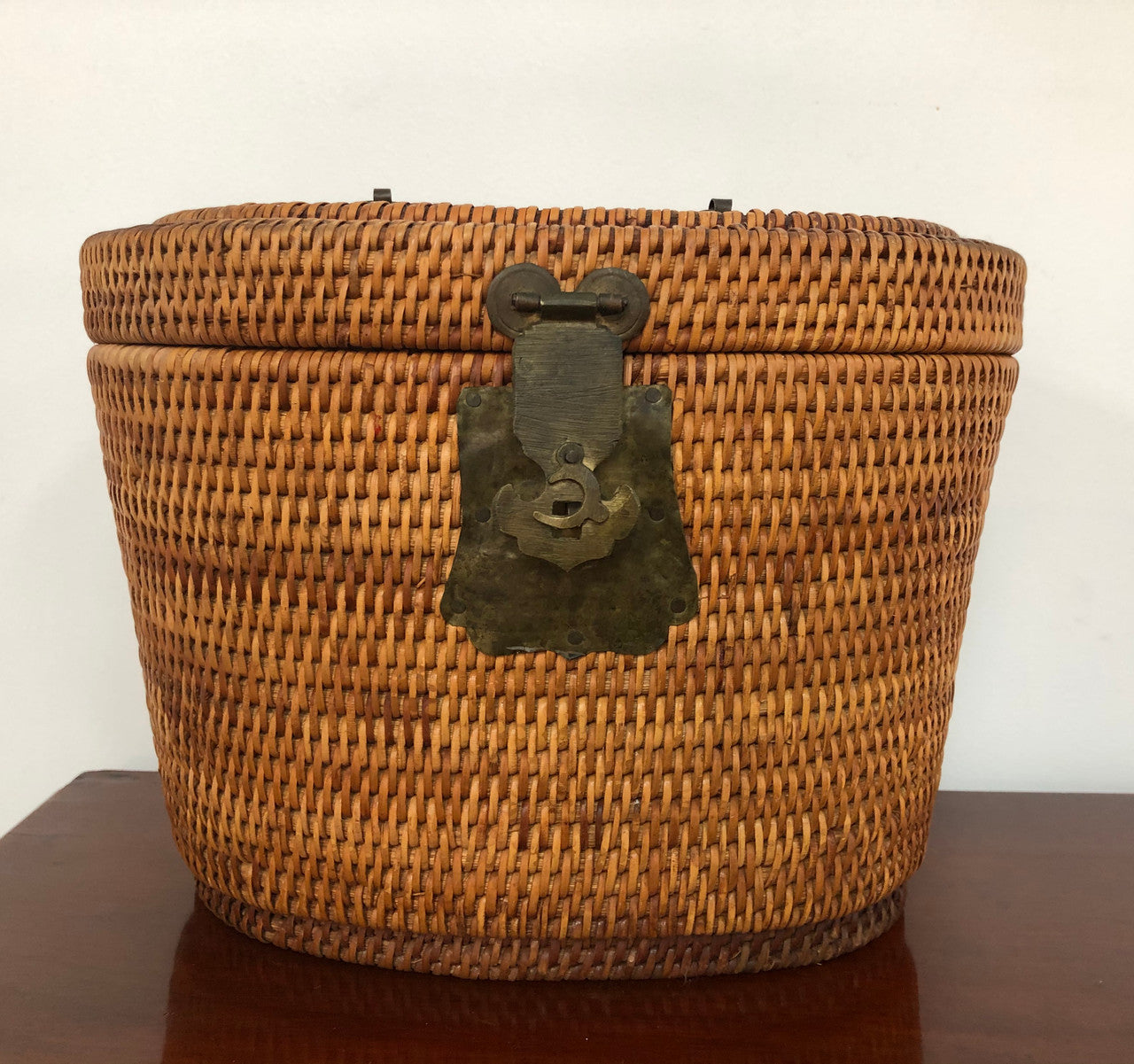 Beautiful Antique Cane Basket With Metal Handles & Latch