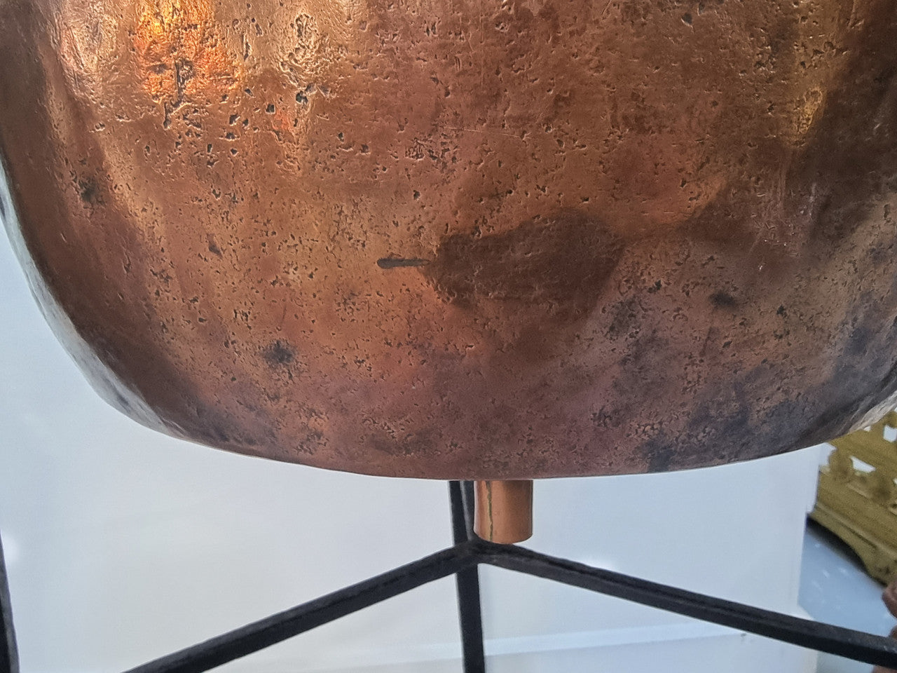 Fabulous Antique French copper pot on a solid iron stand in good original detailed condition. see photo for full description of condition.