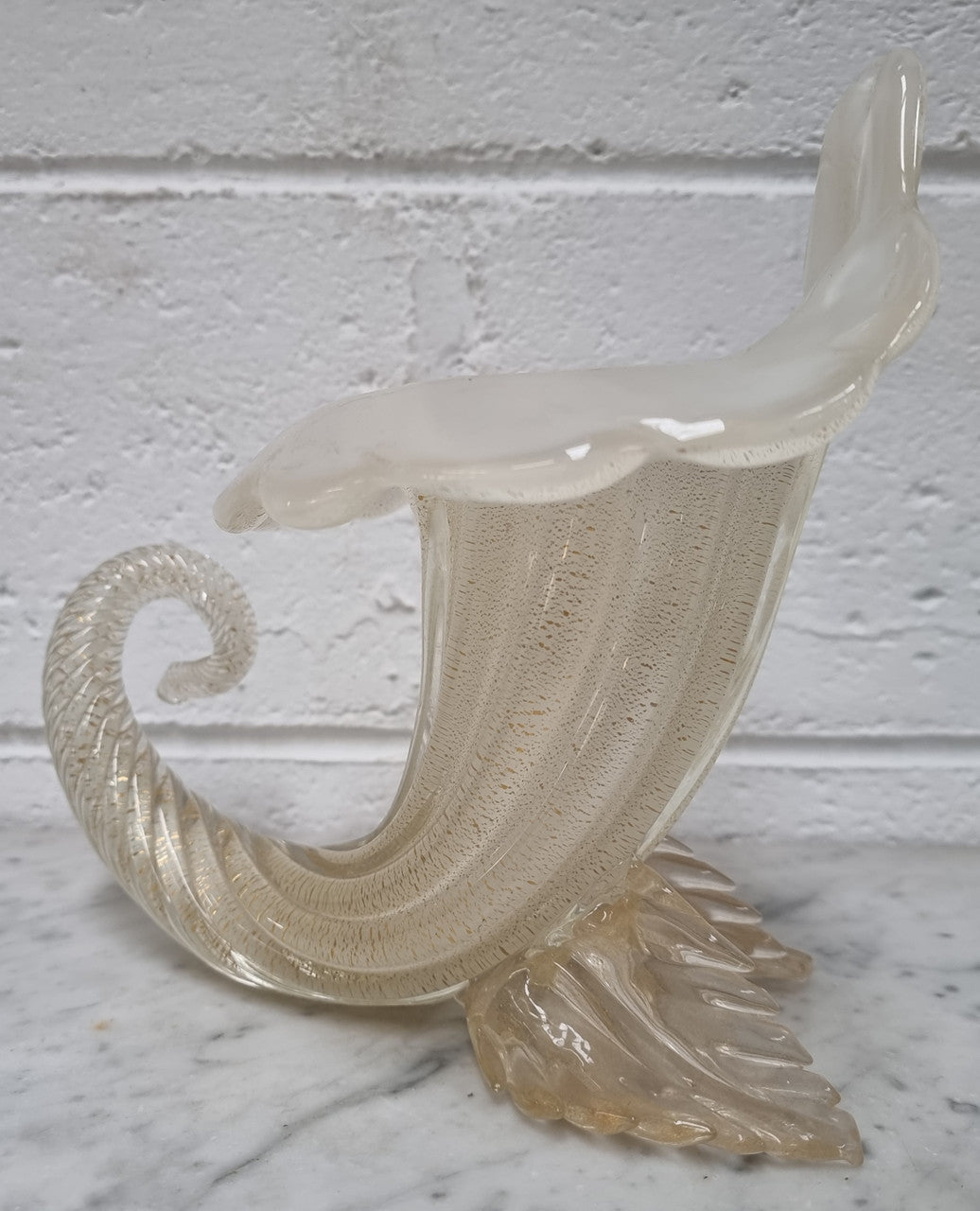 Large Vintage Murano white with adventuring glass cornucopia.