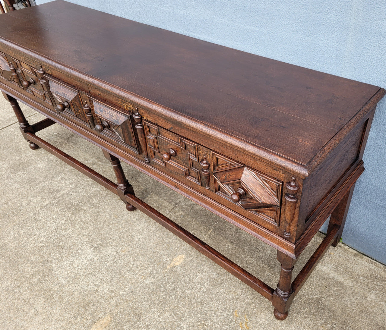 19th Century French Oak Henry the 2nd style console/side table/ TV unit with two drawer with beautiful carvings. It is in good original detailed condition.