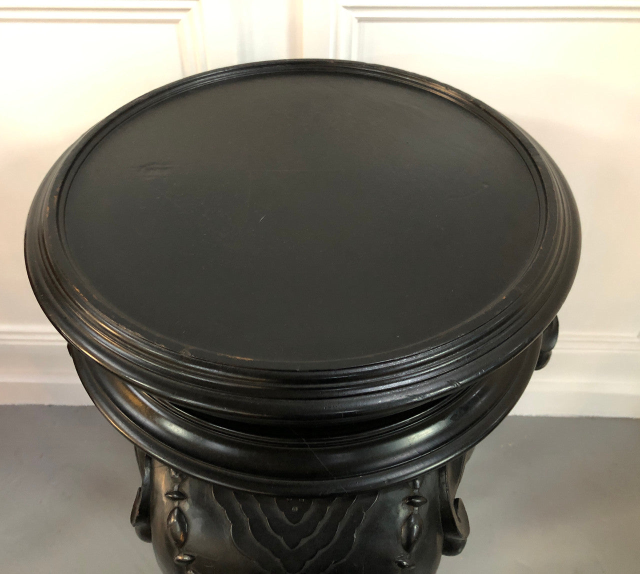Fabulous French ebonized Elephant pedestal /plant stand with lovely carved detail and in good original detailed condition.