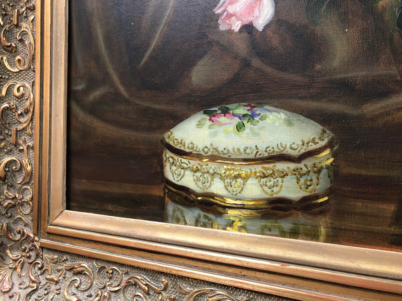 Large French signed oil on canvas of flowers. From circa 1950s and is in good original condition.