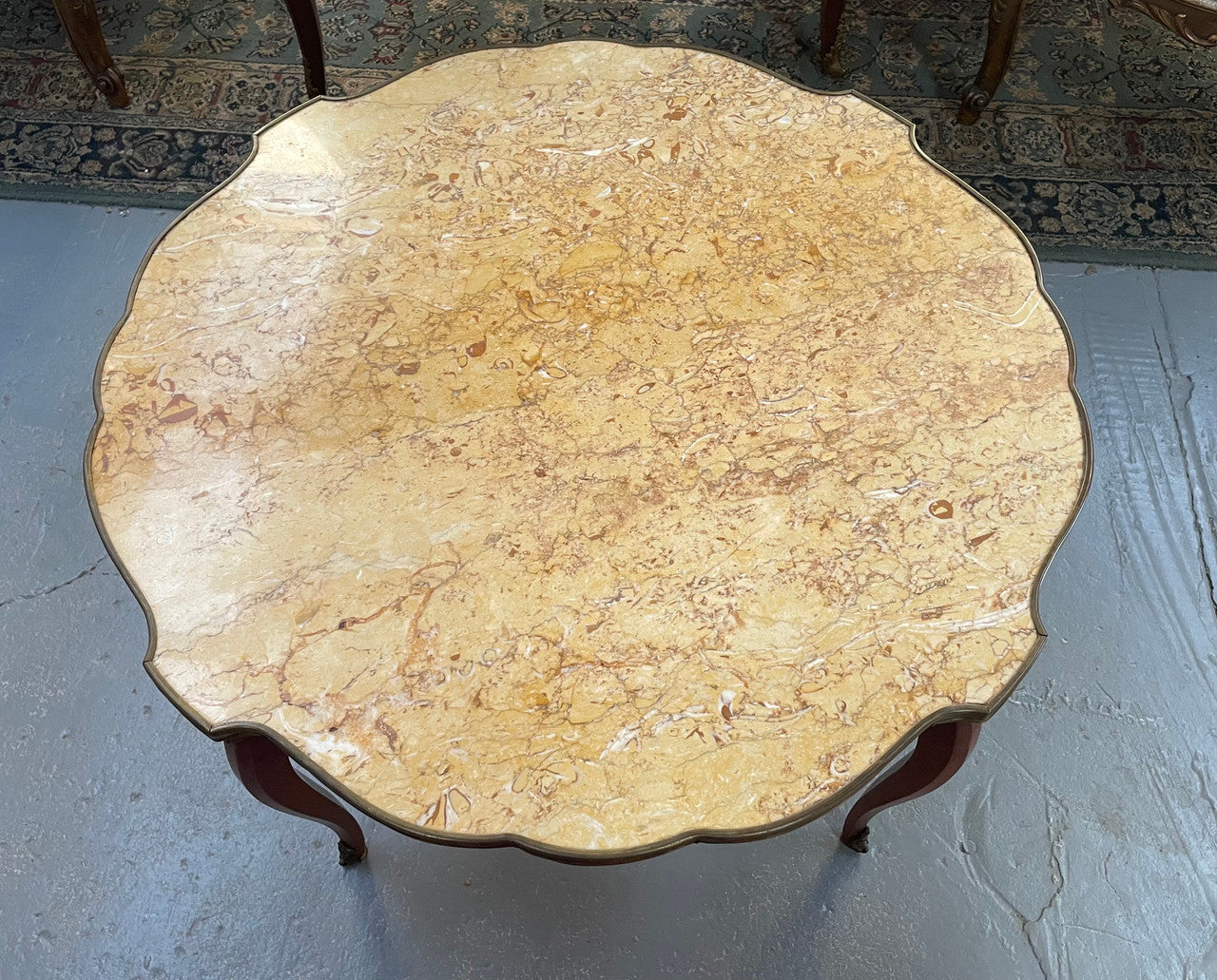 French Louis XV style marquetry inlaid marble top coffee table. In good original detailed condition.