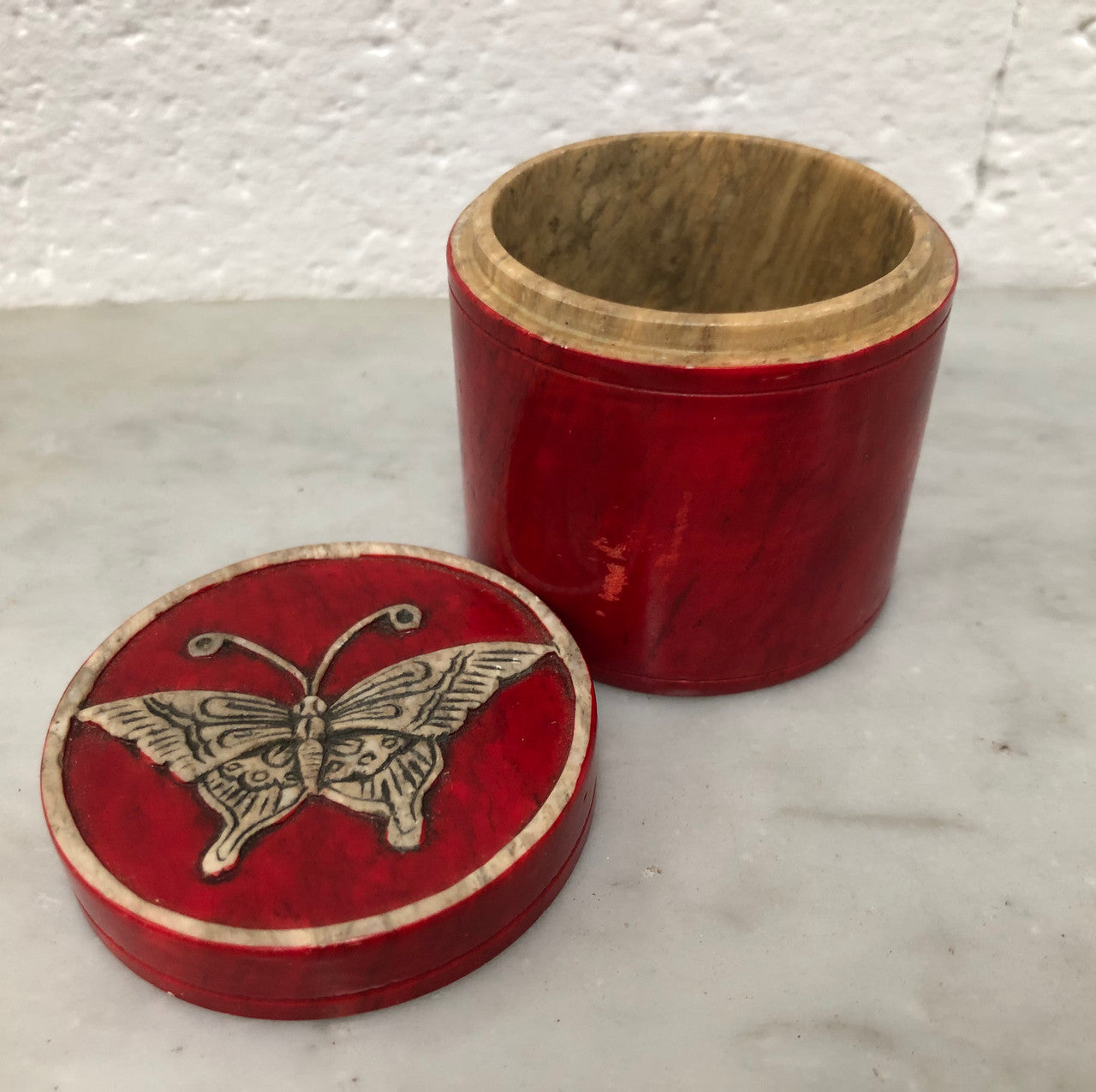 Vintage Hand Carved Marble Trinket Box With Butterfly