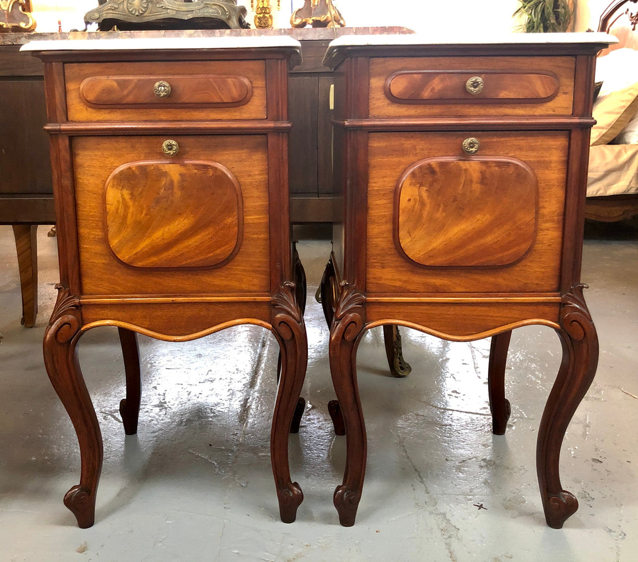 Pair Of White Marble Top Mahogany Bedside Cabinets