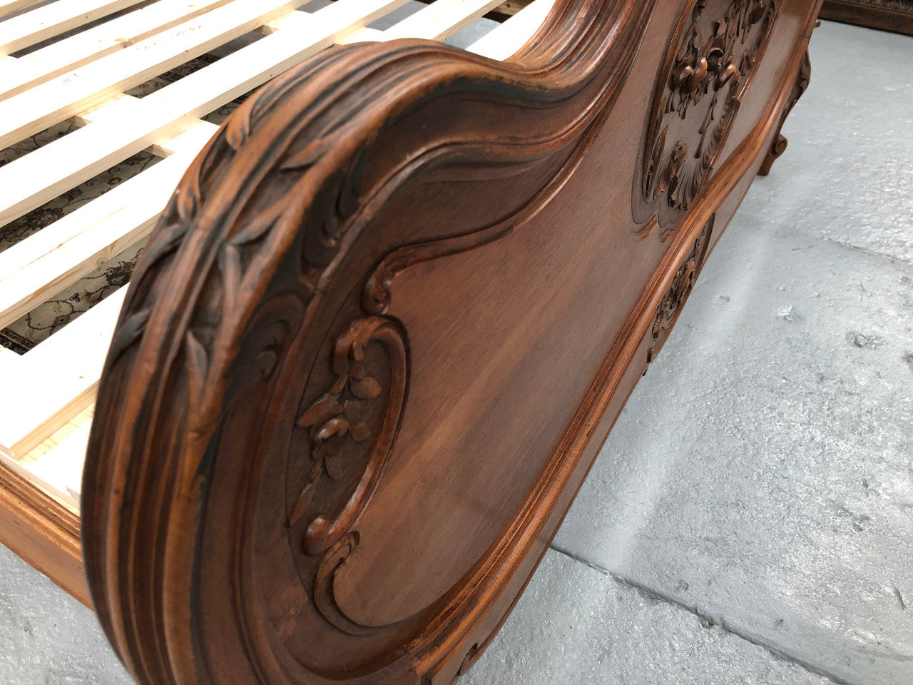 French Walnut Louis XV style queen size bed. Comes with custom made slats, all you need to is place you mattress on top.