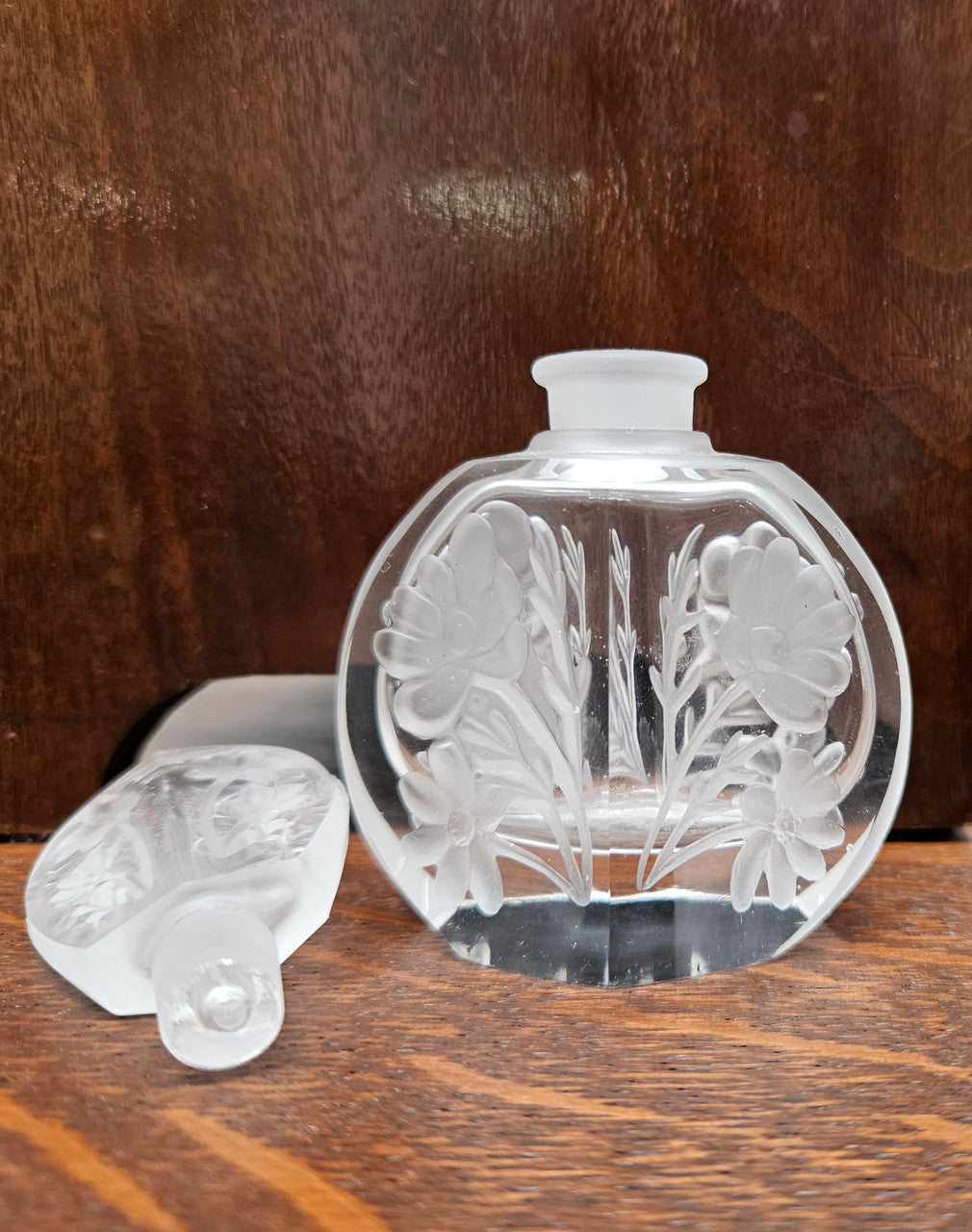 Charming Intaglio Glass Vintage Perfume Bottle and Stopper.