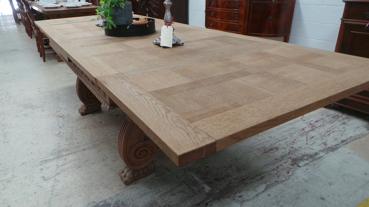 Antique French Oak Spanish Style Parquetry Top Extension Table