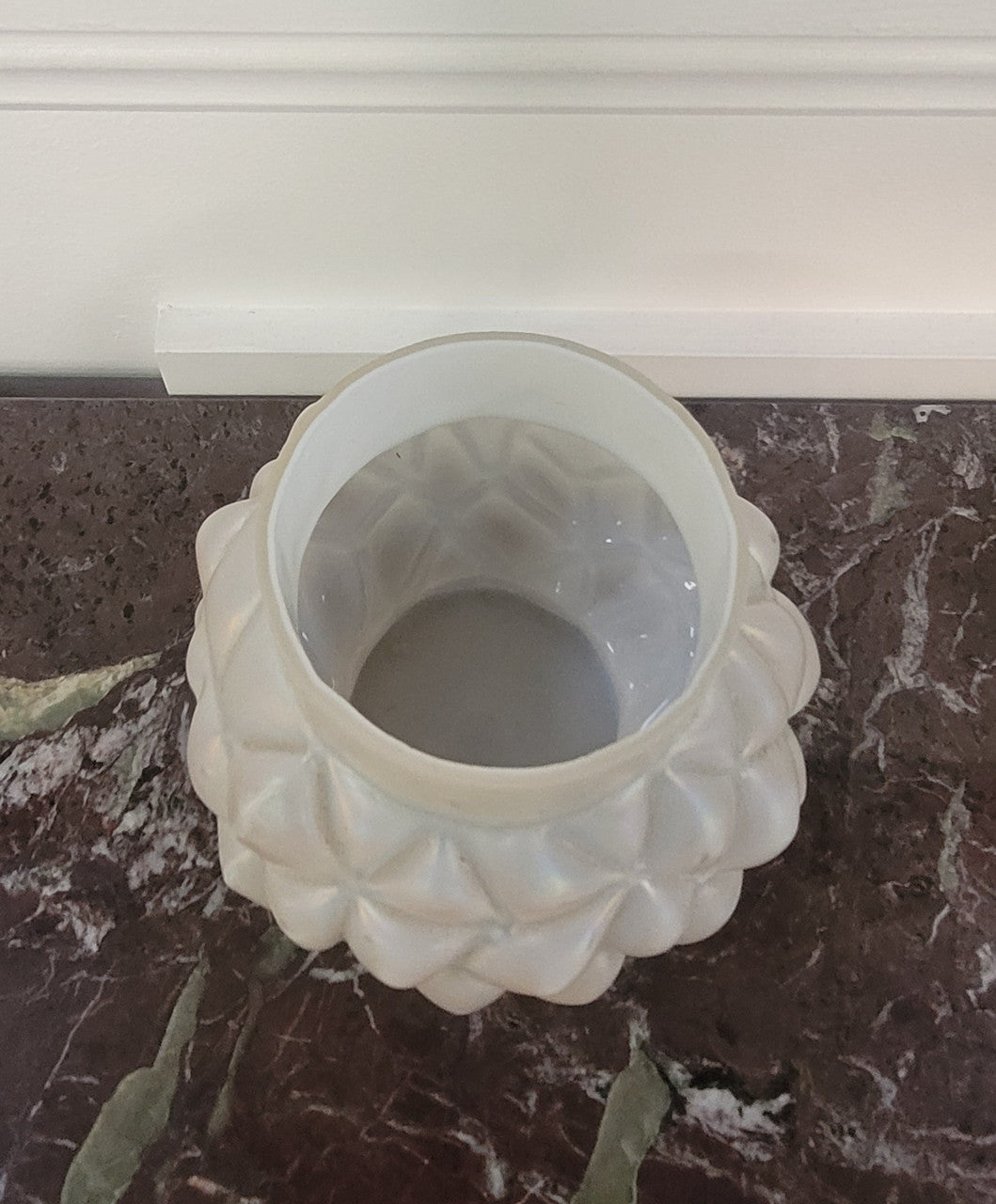 Iridescent Loetz glass vase with flower insert. Please view photos as they help form part of the description.
