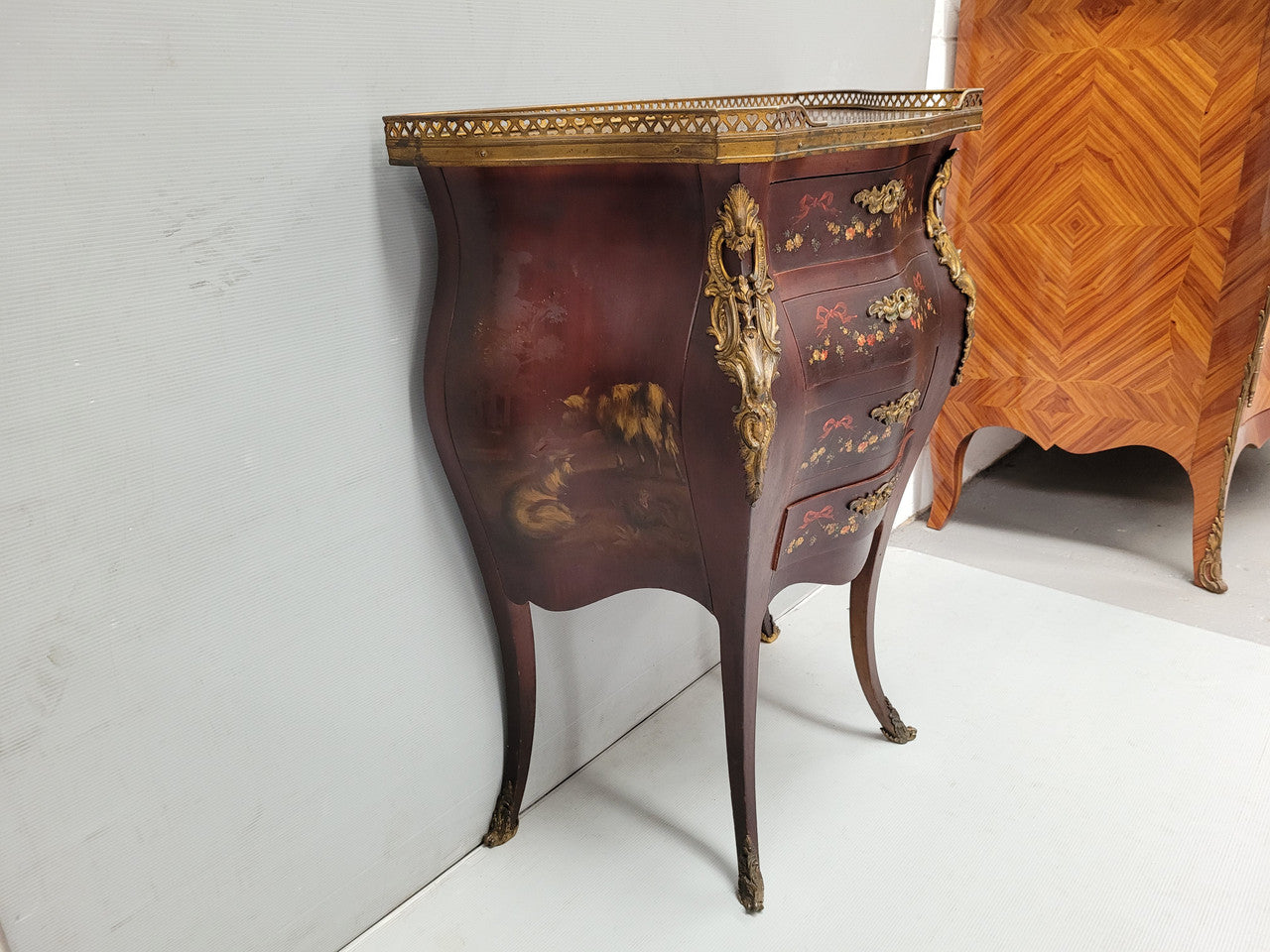 Rare French Louis XV Style Hand Painted Miniature Bombe Commode