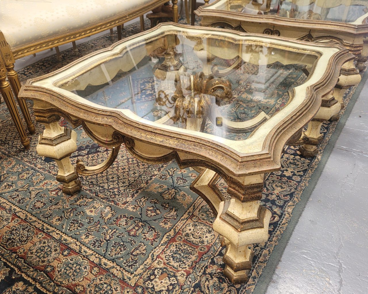 One of a pair of stunning Vintage Italian painted Florentine coffee tables. Very decorative and hard to find. Price of $1695 is for each table.