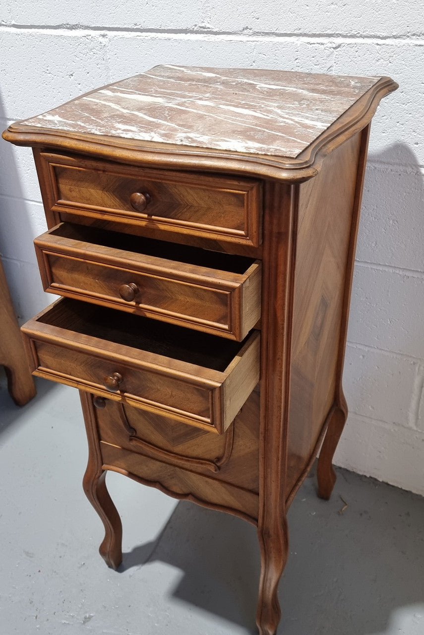 Louis XV Style Walnut Bedside-Side Cabinet With Inset Marble Top