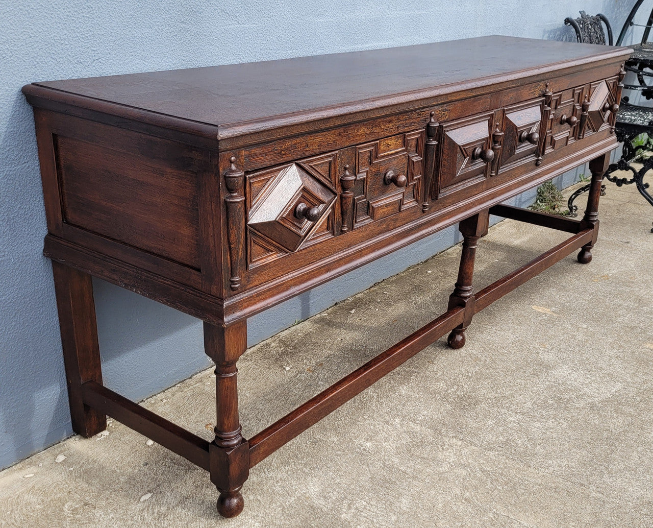 19th Century French Oak Henry the 2nd style console/side table/ TV unit with two drawer with beautiful carvings. It is in good original detailed condition.