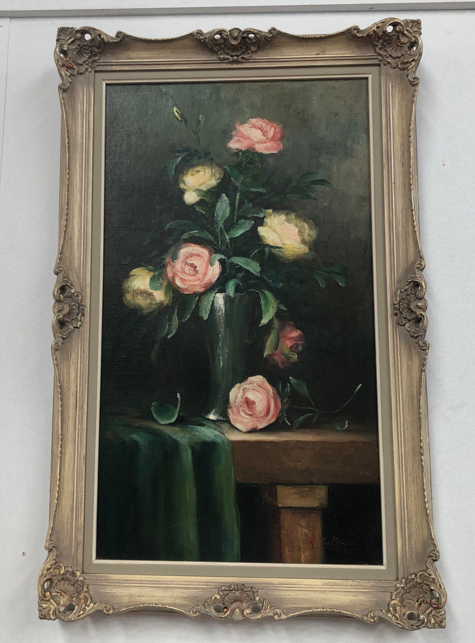 Charming oil painting of roses, signed and beautifully framed. In good original condition.