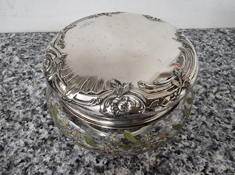 Silver lidded dressing table powder/trinket bowl with beautifully hand-painted floral enamel. In good condition please view photos as they help form part of the description.