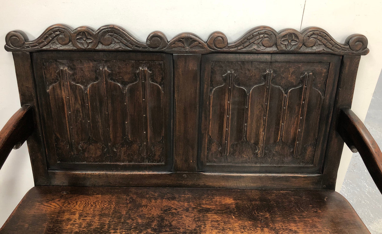 French 19th Century Oak hallway bench seat. Very comfortable to sit on and is in good original detailed condition.