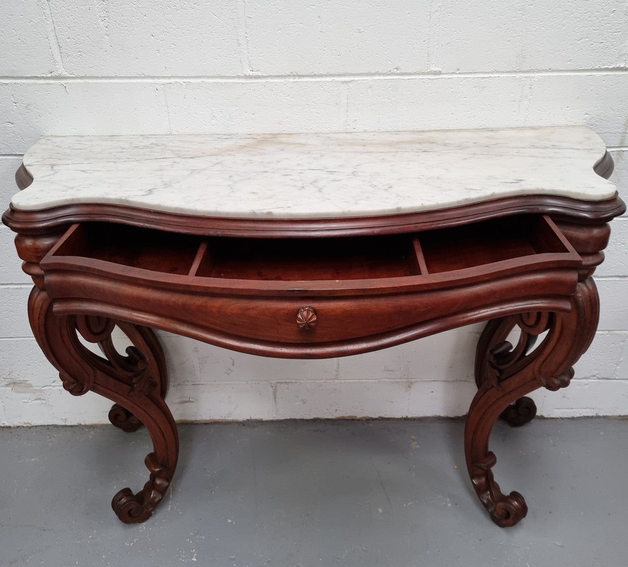 19th Century French Mahogany marble top console table. Louis XV style with white marble top and single drawer. Sourced from France and in good original detailed condition.