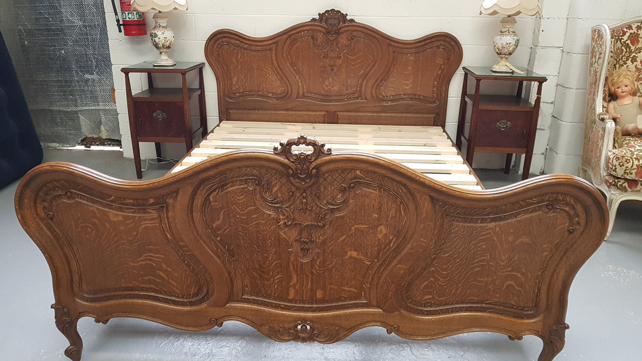 French Oak Louis XV Style Queen Size Bed & Rails