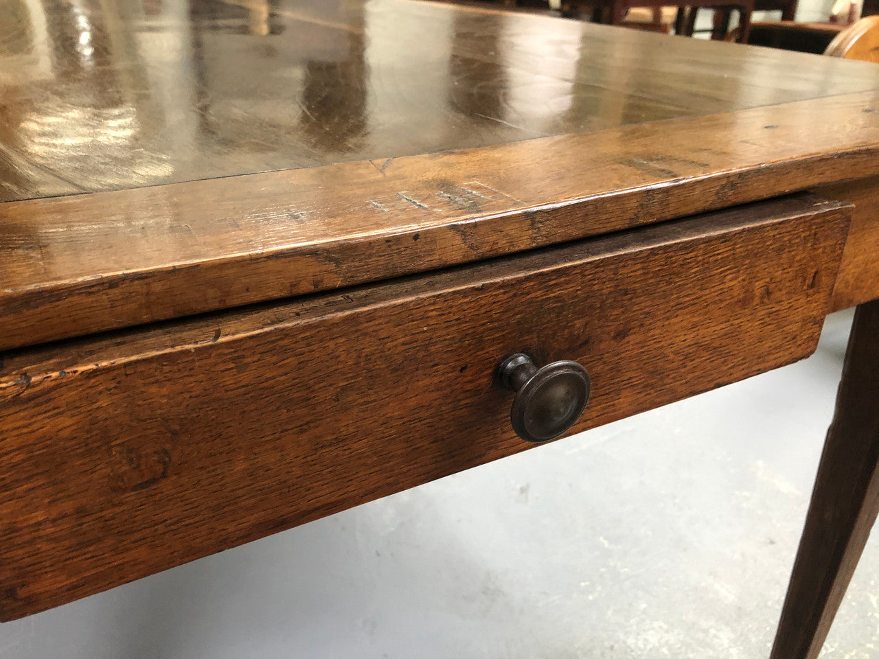 French Elm & Oak Farmhouse Table With Tapered Legs & Drawers
