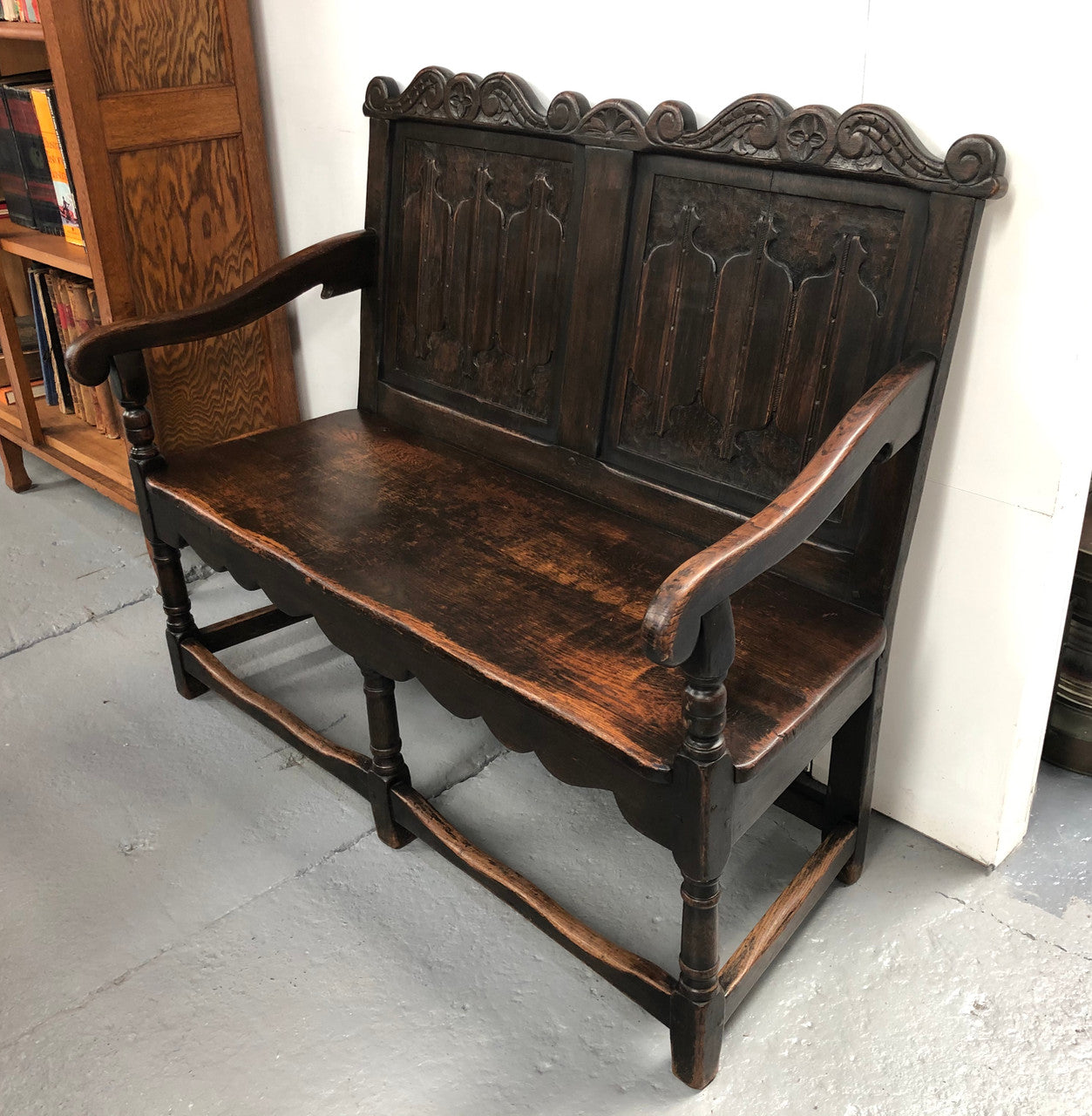 French 19th Century Oak hallway bench seat. Very comfortable to sit on and is in good original detailed condition.
