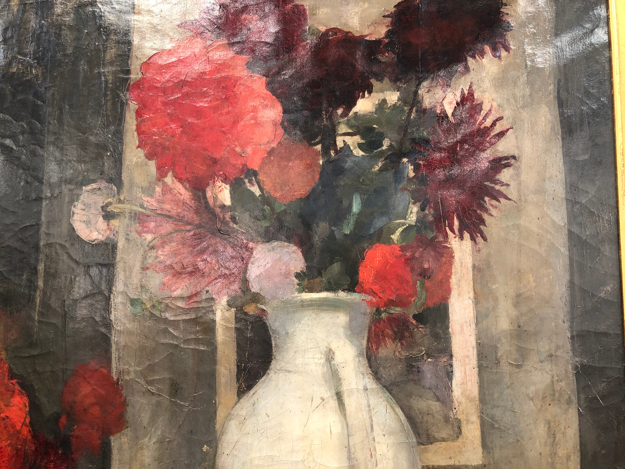 A very striking large Dutch signed oil on canvas painting. It has beautiful vibrant colours and has been sourced from France. It is in an original gilt frame and in good condition.