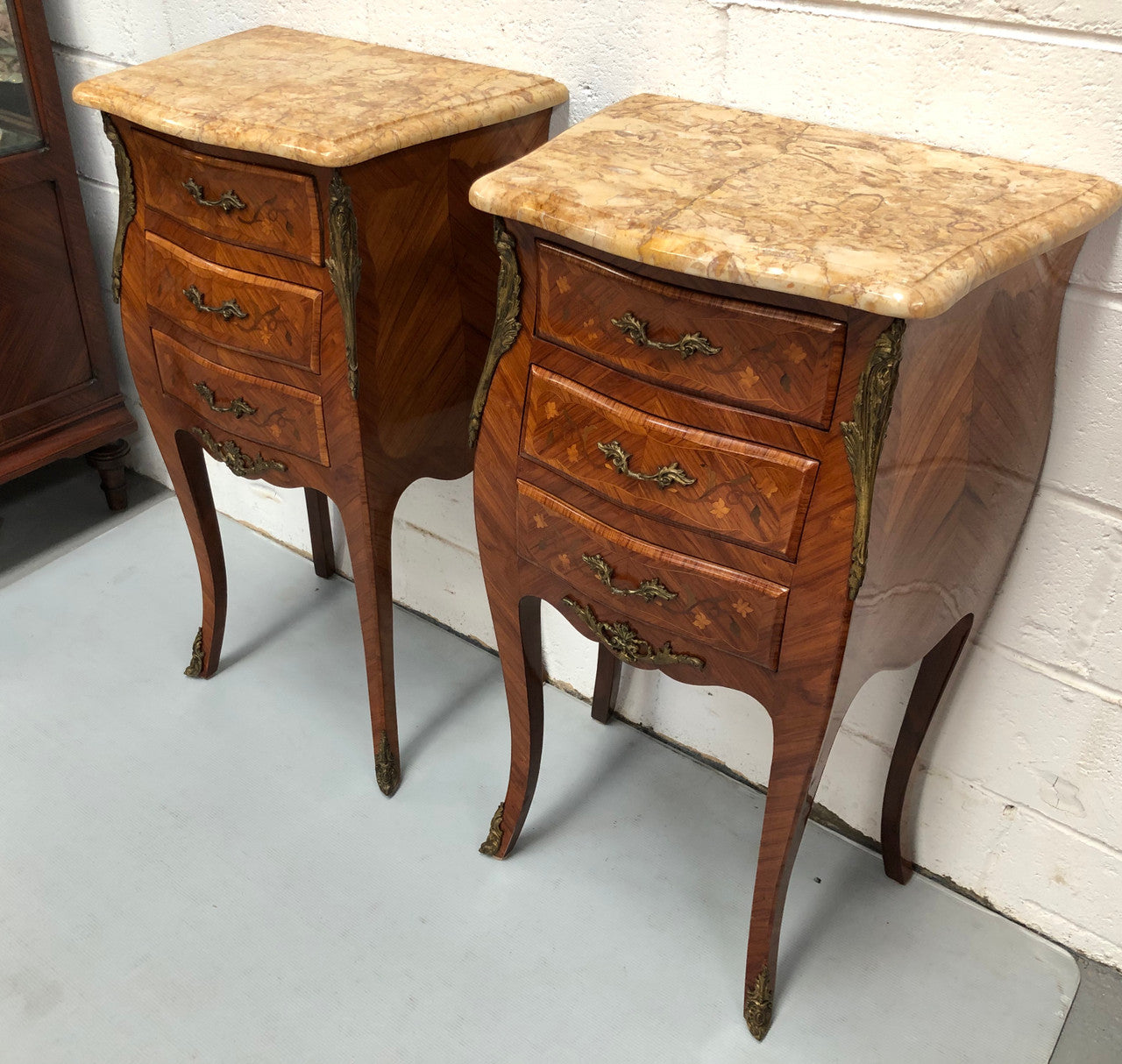 Pair of French Louis XV Style Marquetry Inlaid Marble Top Bedsides