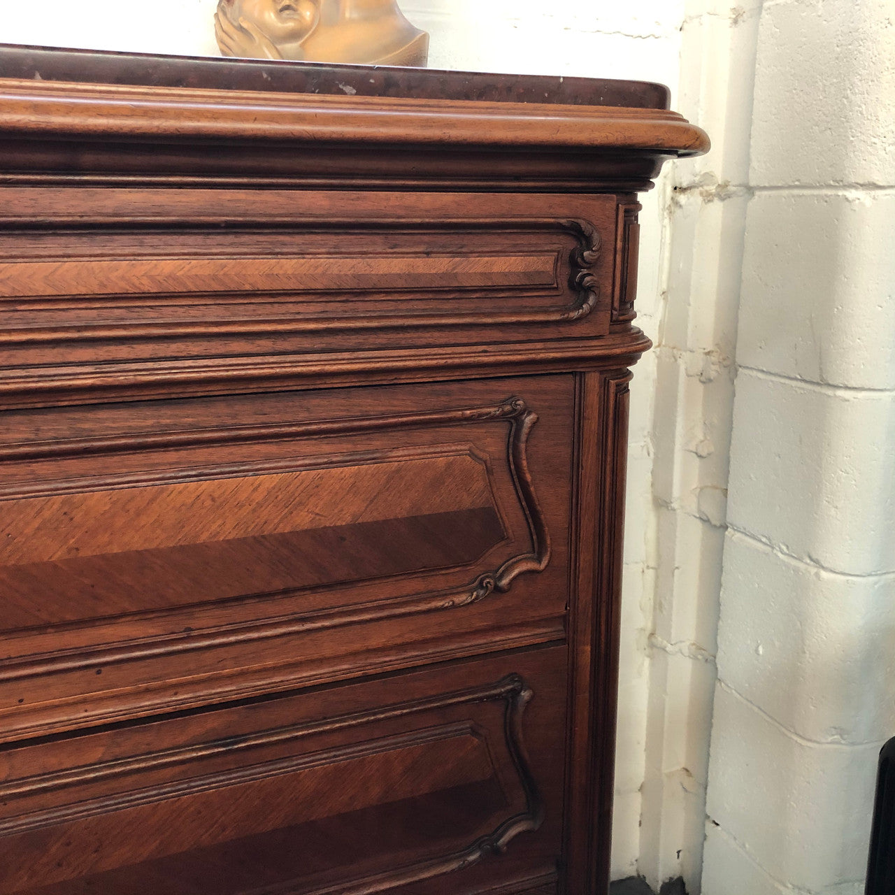 19th Century French Walnut five-drawer marble top commode. In good original detailed condition.