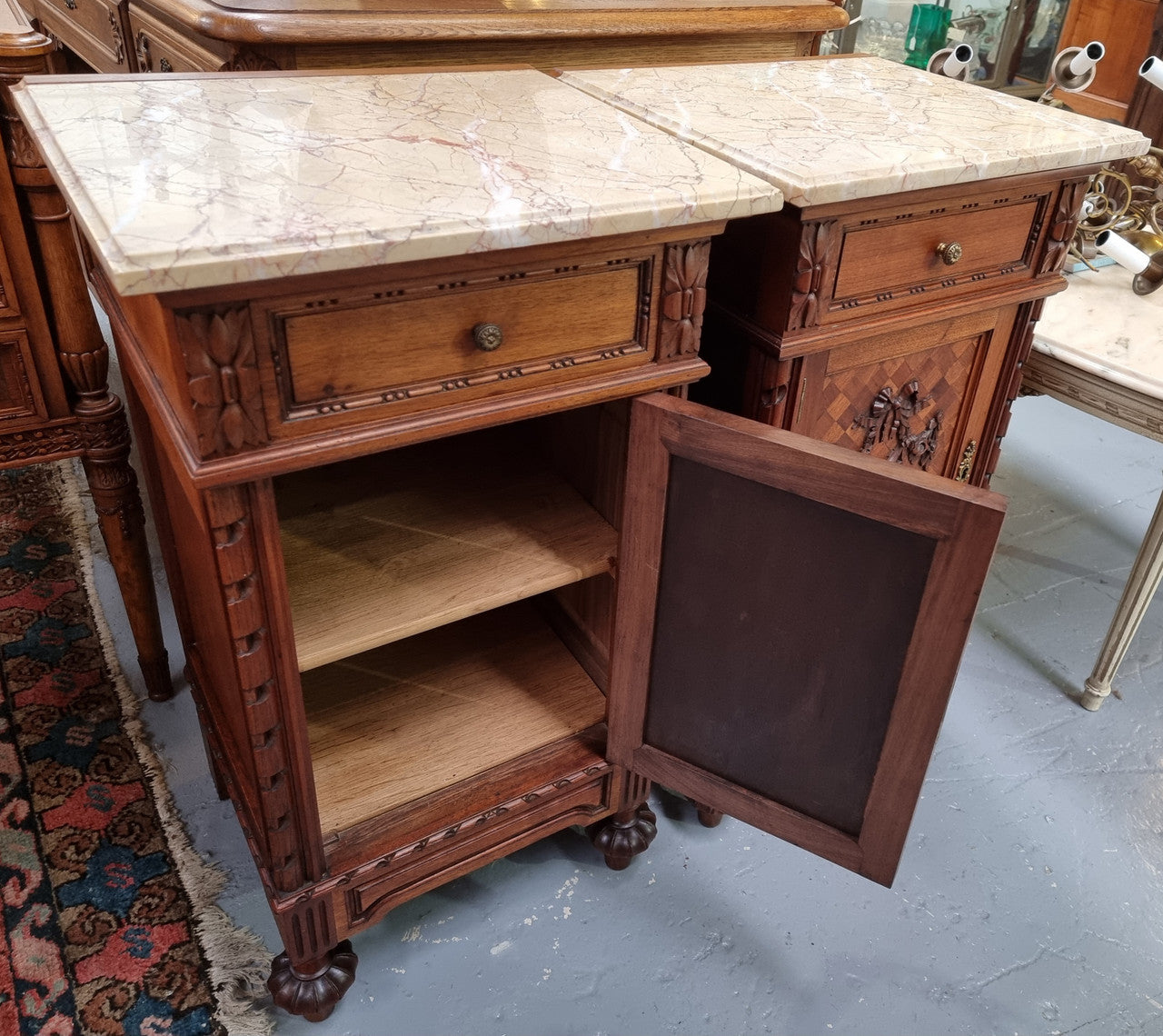 Impressive Pair of Walnut Parquetry Inlaid Henry II Style Marble Top Bedside Cabinets