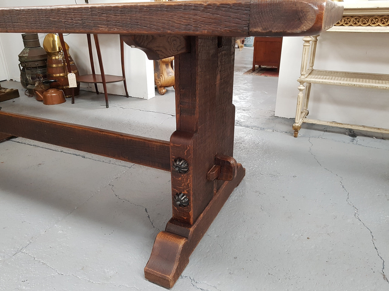 19th Century French Oak pedestal farmhouse table. In very good original detailed condition. Circa 1860's.