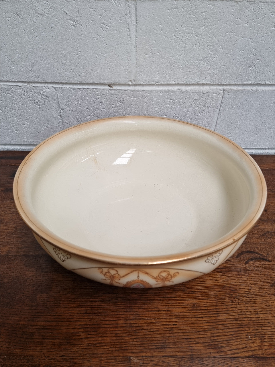 Charming large Crown Devon jug and basin set. Muted colors featuring garlands and floral medallions “Festoon Pattern” No chips or cracks in good condition commensurate with age