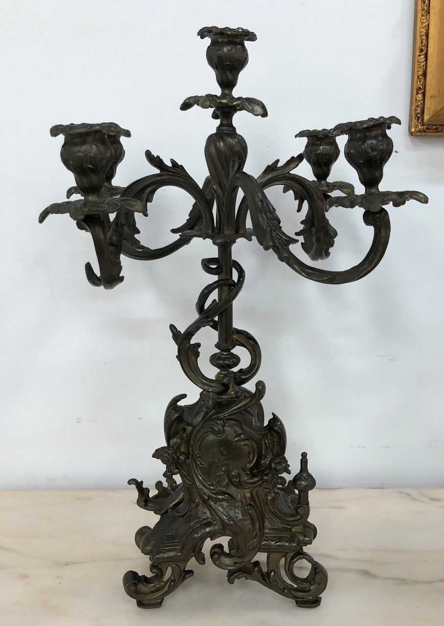 French Three Piece Gothic Style Bronze Clock Set