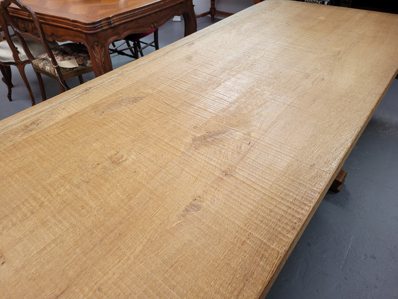 Stunning French Oak Farmhouse table with two extension leaves. When fully extended the table measures to a massive 339.5 cm long. Sourced from France and in good original detailed condition.