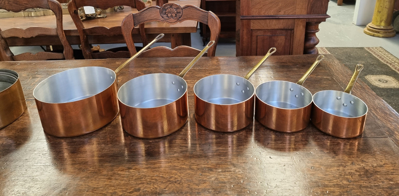 Set of Five French Vintage Copper & Brass Saucepans. They are in amazing original condition.