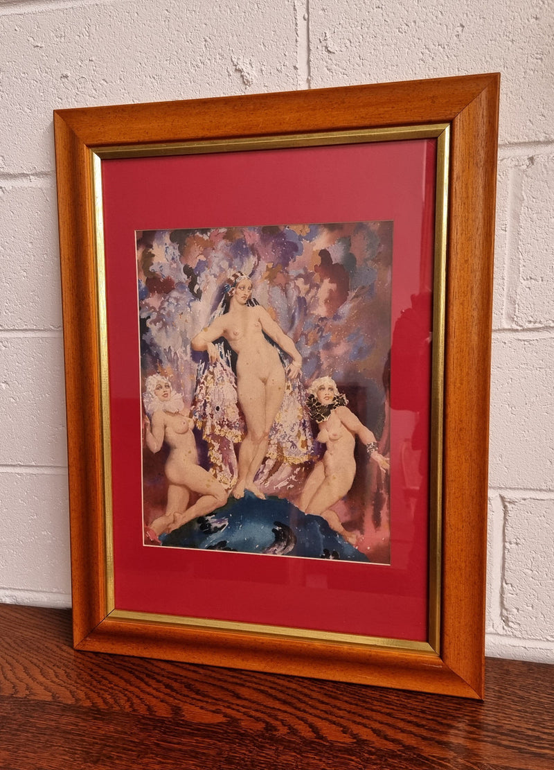 A beautiful framed coloured print After Norman Lindsay, of three female nudes in good condition.