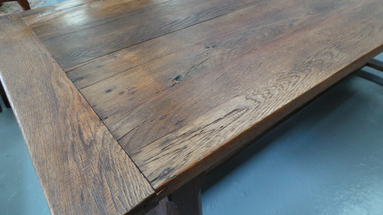 French Oak Farmhouse Table With Strecher Base