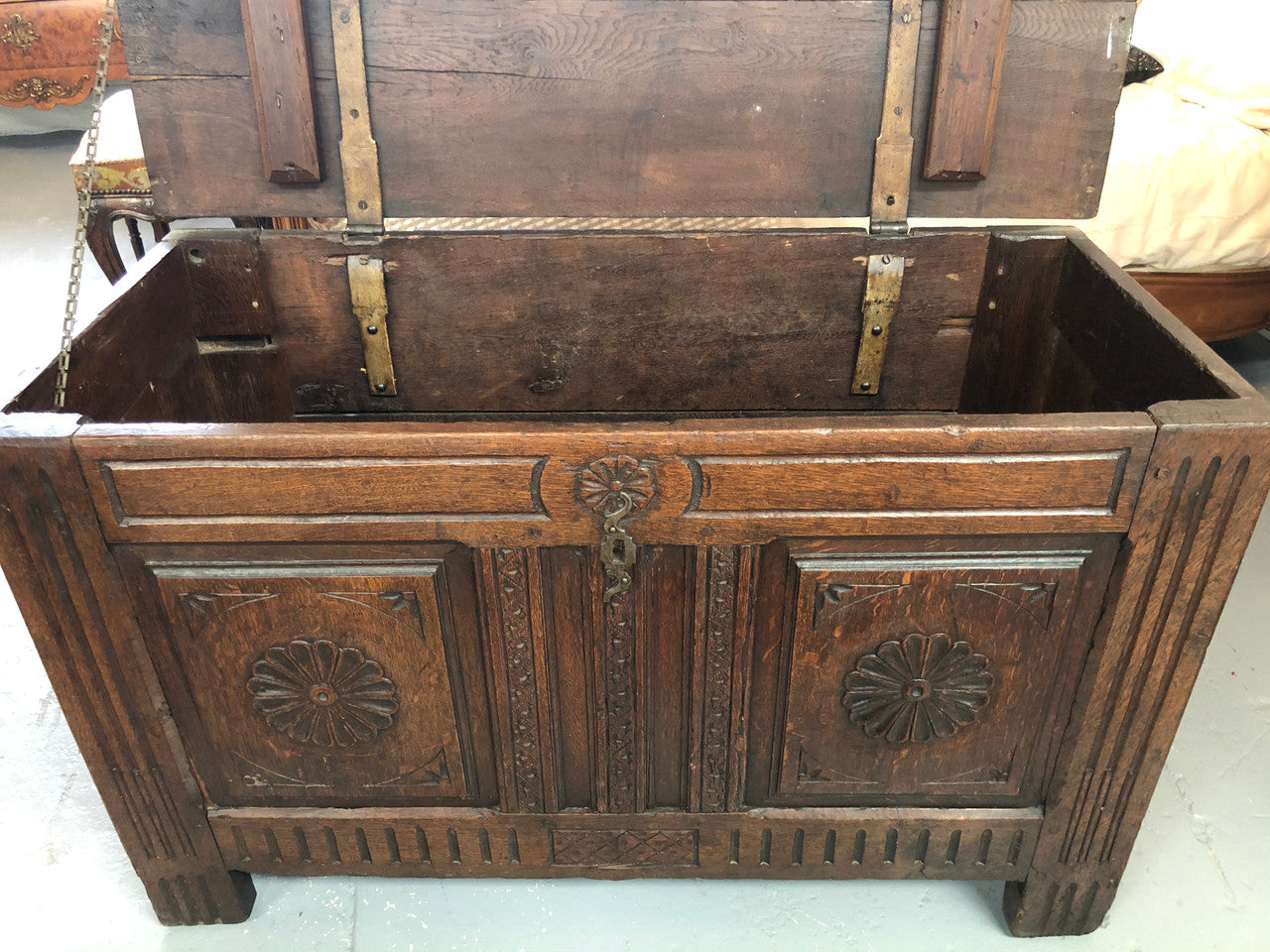 Early 18th century Antique French Oak coffee with beautiful original patina. In good original detailed condition.