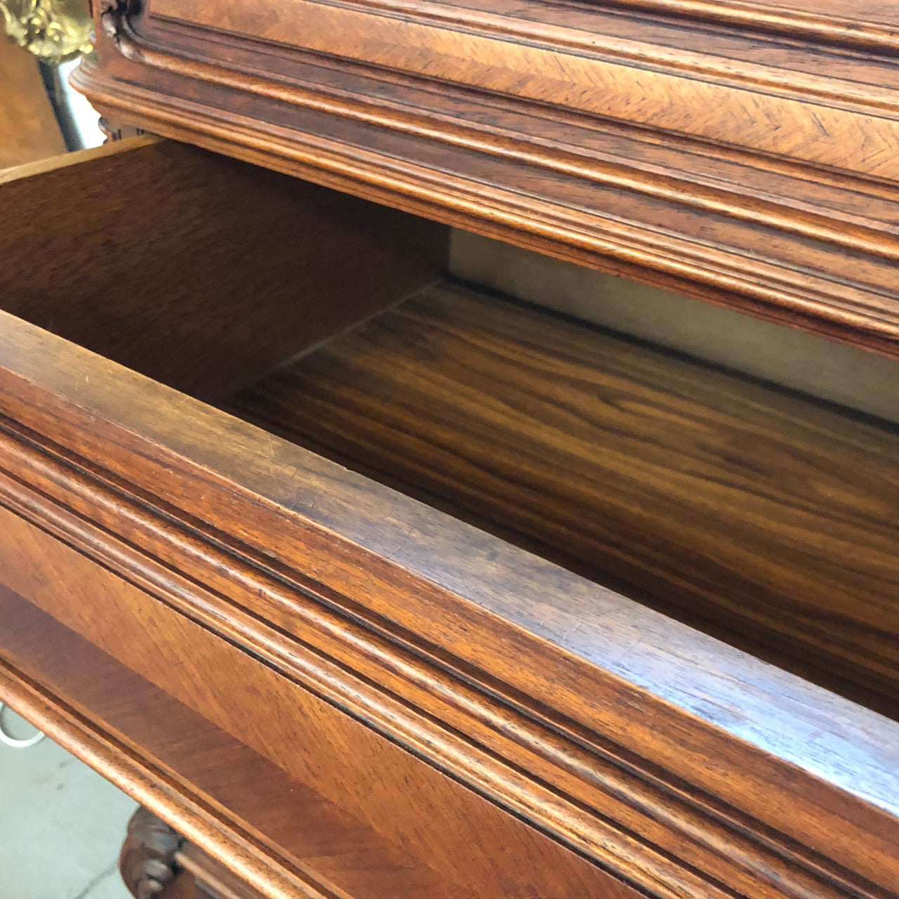 19th Century French Walnut five-drawer marble top commode. In good original detailed condition.
