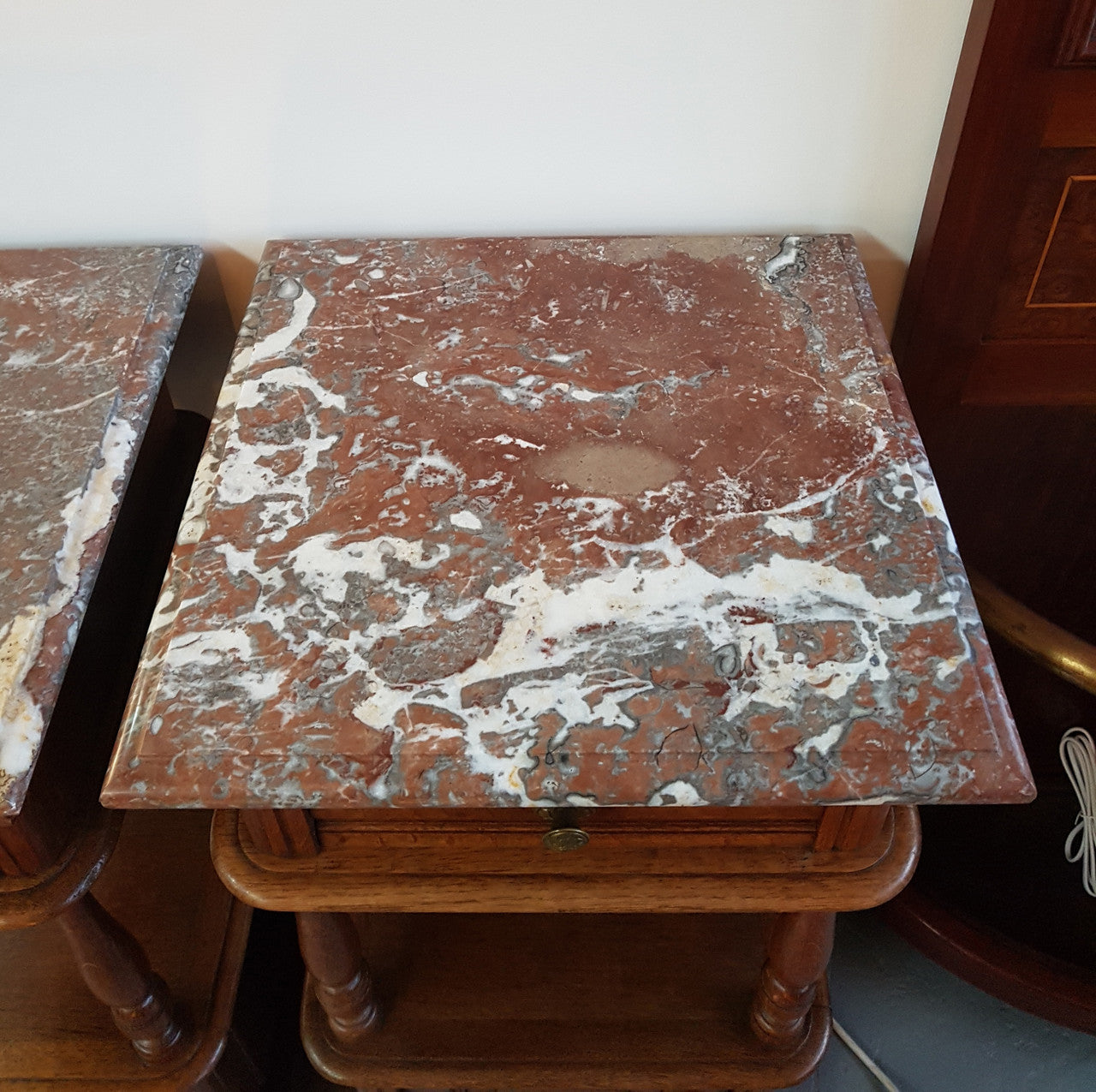 Pair of French Oak Marble Top Bedside Cabinets