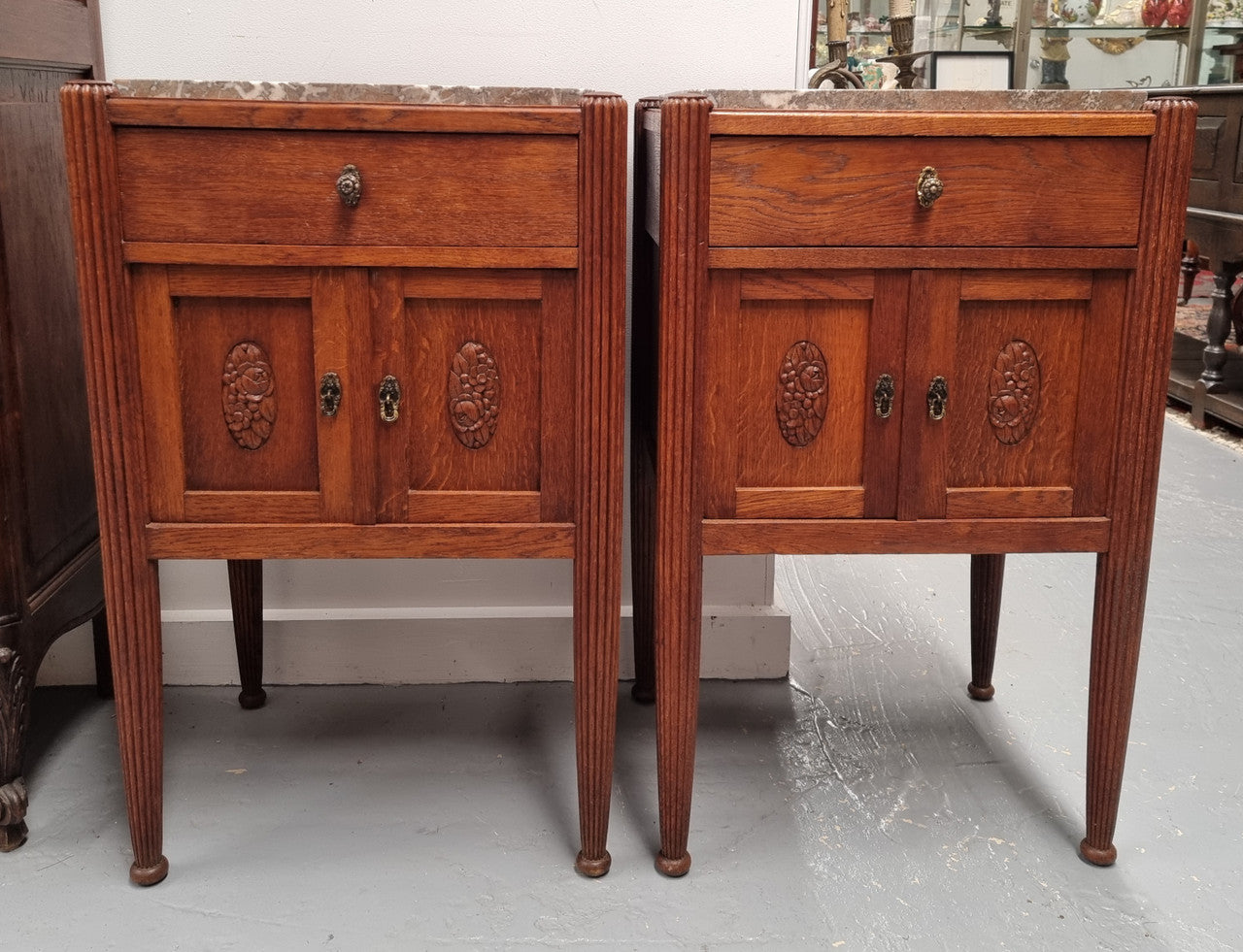 Pair French Louis 16th Style Oak Marble Top Bedsides