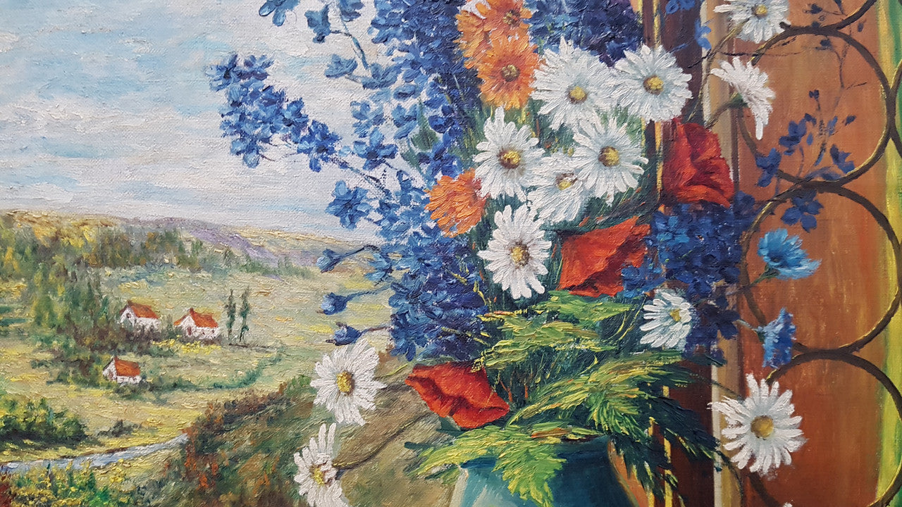 French Gilt Frame Oil On Canvas Of Flowers & Country Scene