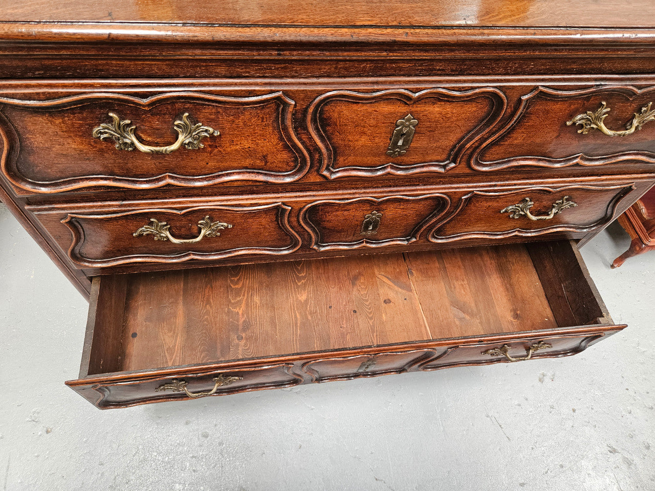 Impressive French Oak 18th Century Louis XV chest of three drawers. Circa: 1770. It has been sourced from France and is in good original detailed condition.