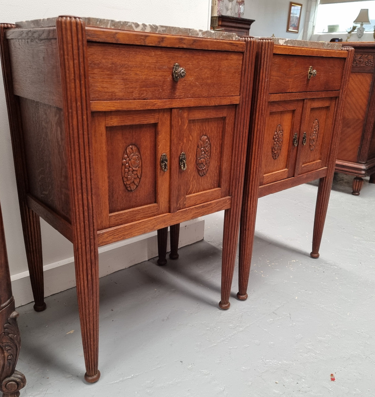 Pair French Louis 16th Style Oak Marble Top Bedsides